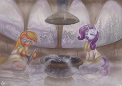 Size: 1235x875 | Tagged: safe, artist:jowyb, applejack, rarity, applejack's "day" off, g4, bathrobe, clothes, duo, eyes closed, fixing, goggles, hoof hold, licking, licking lips, pipe (plumbing), robe, sauna, signature, sitting, spa, steam, steam room, tongue out, workaholic, wrench