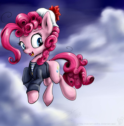Size: 1496x1522 | Tagged: safe, artist:rule1of1coldfire, pinkie pie, pony, vampire, g4, clothes, cloud, female, hat, sailor uniform, shirt, sky, solo