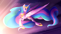 Size: 1920x1080 | Tagged: safe, artist:aegann, princess celestia, g4, dawn, female, solo, twilight (astronomy), wink