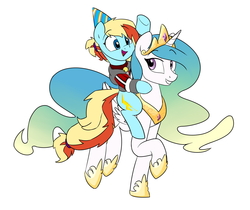 Size: 1280x1074 | Tagged: safe, artist:victoreach, princess celestia, oc, oc:honey wound, g4, birthday, clothes, collar, hoodie, riding, smiling