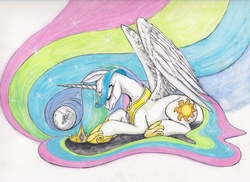 Size: 2338x1701 | Tagged: safe, artist:scribblepwn3, princess celestia, alicorn, pony, g4, crying, female, mare in the moon, moon, pen drawing, sad, solo, traditional art, watercolor painting