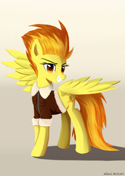 Size: 848x1200 | Tagged: safe, artist:ailynd, spitfire, pegasus, pony, g4, bomber jacket, female, grin, signature, simple background, smiling, solo, spread wings