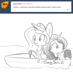 Size: 702x702 | Tagged: safe, artist:tjpones, princess celestia, princess luna, g4, boat, literal shipping, monochrome, sketch