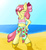 Size: 2781x3036 | Tagged: safe, artist:mdgusty, apple bloom, earth pony, anthro, unguligrade anthro, g4, armpits, beach, bikini, clothes, female, hooves, midriff, sarong, solo, swimsuit, tankini, unshorn fetlocks