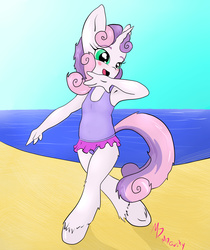 Size: 2467x2933 | Tagged: safe, artist:mdgusty, sweetie belle, anthro, unguligrade anthro, g4, armpits, clothes, female, frilled swimsuit, high res, one-piece swimsuit, open mouth, solo, swimsuit, young