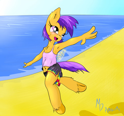 Size: 2488x2329 | Tagged: safe, artist:mdgusty, scootaloo, anthro, unguligrade anthro, g4, armpits, beach, belly button, clothes, female, high res, midriff, open mouth, solo, tank top, unshorn fetlocks