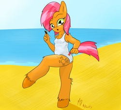 Size: 2600x2362 | Tagged: safe, artist:mdgusty, babs seed, anthro, unguligrade anthro, g4, beach, clothes, fake cutie mark, female, high res, marker, one-piece swimsuit, solo, swimsuit