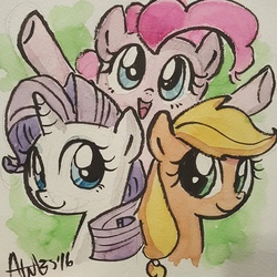 Size: 1080x1080 | Tagged: safe, artist:agnesgarbowska, applejack, pinkie pie, rarity, g4, looking at you, traditional art, trio, watercolor painting