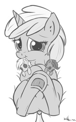 Size: 1803x2877 | Tagged: safe, artist:neko-me, derpy hooves, dinky hooves, scootaloo, pegasus, pony, g4, :t, cute, dinkabetes, dock, female, fluffy, frog (hoof), grayscale, looking at you, mare, monochrome, nose wrinkle, on back, plushie, scrunchy face, smiling, underhoof