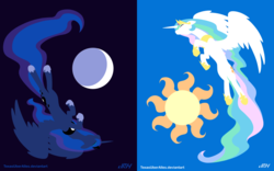 Size: 1440x900 | Tagged: safe, artist:texasuberalles, part of a set, princess celestia, princess luna, alicorn, pony, g4, duo, eyes closed, flag of equestria, lineless, moon, sun