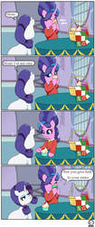 Size: 820x1950 | Tagged: safe, artist:jessesmash32, cookie crumbles, rarity, g4, comic, cupcake, dialogue, food, macaron, muffin