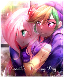 Size: 1203x1439 | Tagged: safe, artist:odaefnyo, fluttershy, rainbow dash, human, g4, clothes, cute, female, hearth's warming eve, humanized, lesbian, ship:flutterdash, shipping, smiling