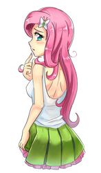 Size: 600x1019 | Tagged: safe, artist:tzc, fluttershy, equestria girls, g4, anime, blushing, breasts, clothes, female, looking back, sideboob, skirt, skirt lift, solo, tank top