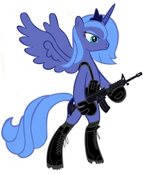 Size: 2876x3514 | Tagged: safe, artist:shadawg, princess luna, pony, g4, bipedal, female, gun, high res, s1 luna, simple background, solo, weapon, white background