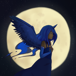 Size: 1000x1000 | Tagged: safe, artist:rochi-sama, princess luna, human, g4, dark skin, female, horn, horned humanization, humanized, moon, solo, winged humanization