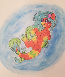 Size: 2973x3501 | Tagged: safe, artist:ruef, oc, oc only, oc:tropic dream, merpony, bubble, cute, dorsal fin, female, fish tail, high res, looking at you, mare, ocean, open mouth, signature, smiling, solo, tail, traditional art, underwater, water