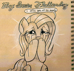 Size: 1326x1272 | Tagged: safe, artist:docwario, fluttershy, pony, g4, both cutie marks, crying, female, monochrome, solo, traditional art