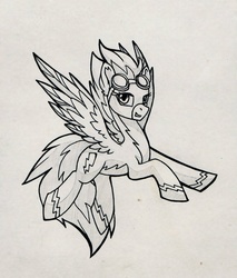 Size: 871x1023 | Tagged: safe, artist:dragonataxia, spitfire, pegasus, pony, g4, female, flying, grin, monochrome, smiling, solo, traditional art