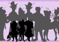 Size: 600x430 | Tagged: safe, artist:egophiliac, apple bloom, princess cadance, princess celestia, princess luna, queen chrysalis, scootaloo, shining armor, sweetie belle, oc, robot, steamquestria, g4, cutie mark crusaders, humanized, line-up, preview, silhouette, size chart, size comparison, wip