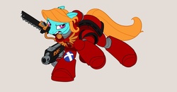 Size: 1280x665 | Tagged: safe, artist:sanity-x, oc, oc only, oc:azure taffy, pony, armor, blood angels, chainsword, female, mare, mouth hold, ponified, power armor, powered exoskeleton, solo, space marine, tactical squad, warhammer (game), warhammer 40k