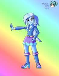 Size: 2611x3356 | Tagged: safe, artist:darkengales, trixie, equestria girls, g4, boots, clothes, female, grin, high heel boots, high res, rainbow background, shirt, shoes, skirt, smiling, solo