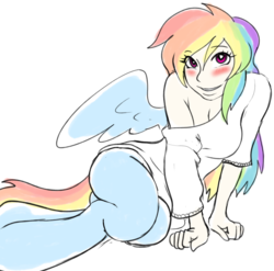 Size: 871x860 | Tagged: safe, artist:dj-black-n-white, oc, oc only, oc:prism, satyr, blushing, looking at you, loose fitting clothes, offspring, parent:rainbow dash, solo, wingding eyes