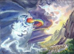 Size: 1280x942 | Tagged: safe, artist:the-wizard-of-art, rainbow dash, pegasus, pony, g4, canterlot, female, flying, lightning, mare, outdoors, scenery, solo, storm, thunderstorm, traditional art, watercolor painting, wings