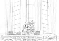 Size: 1168x828 | Tagged: safe, artist:slash-sun-slash, princess celestia, g4, abacus, desk, female, glasses, glowing horn, horn, magic, monochrome, solo, telekinesis, traditional art