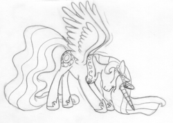 Size: 1063x755 | Tagged: safe, artist:slash-sun-slash, princess celestia, g4, female, monochrome, solo, stretching, traditional art