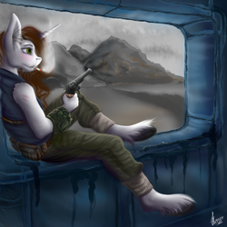 Size: 1920x1920 | Tagged: safe, artist:stirren, hondo flanks, oc, oc only, anthro, unguligrade anthro, fallout equestria, g4, cigarette, clothes, female, finished, gun, handgun, hooves, mare, pistol, revolver, scenery, smoking, solo, unshorn fetlocks, wasteland, weapon, ych result