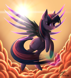 Size: 2000x2200 | Tagged: safe, artist:duskie-06, twilight sparkle, alicorn, pony, g4, crossover, female, high res, lens flare, mercy, overwatch, solo, sun, twilight sparkle (alicorn)