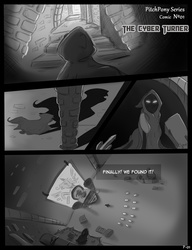 Size: 2000x2600 | Tagged: safe, artist:pimander1446, oc, oc only, oc:squeaky pitch, comic, firstpage, high res, monochrome, mystery, temple