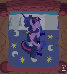 Size: 1024x1126 | Tagged: safe, artist:90sigma, princess luna, twilight sparkle, pony, g4, bed, bow, cuddling, duo, female, hair bow, hug, lesbian, ship:twiluna, shipping, show accurate, sleeping, snuggling, tail bow