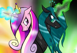 Size: 1300x900 | Tagged: dead source, safe, artist:hahasauce, princess cadance, queen chrysalis, alicorn, changeling, changeling queen, pony, g4, angry, crown, duo, fangs, female, glowing horn, horn, jewelry, magic, regalia