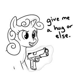Size: 1000x1000 | Tagged: artist needed, safe, sweetie belle, g4, cute, dialogue, diasweetes, grayscale, grimcute, gun, handgun, levitation, m1911, magic, monochrome, open mouth, pistol, simple background, smiling, telekinesis, threat, ultimatum, weapon, white background