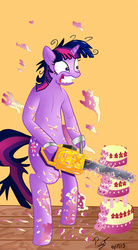 Size: 1100x2000 | Tagged: safe, artist:paulyt7, twilight sparkle, pony, g4, bipedal, cake, chainsaw, female, food, solo, standing, twilight snapple