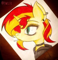 Size: 640x669 | Tagged: safe, artist:@twi.fi, sunset shimmer, pony, unicorn, g4, cigarette, clothes, ear piercing, female, piercing, smoking, solo, traditional art