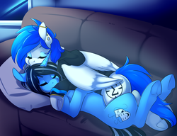 Size: 2270x1743 | Tagged: source needed, safe, artist:spazzykoneko, oc, oc only, oc:sapphire sights, oc:silver lining, pegasus, pony, unicorn, couch, cute, duo, eyeshadow, gauges, makeup, piercing, sleeping, snuggling