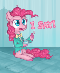 Size: 1024x1255 | Tagged: safe, artist:kyaokay, pinkie pie, earth pony, pony, g4, bowtie, classy, clothes, female, hoof hold, i say, magnetic hooves, sitting, solo, spoon, teacup