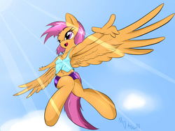 Size: 1529x1148 | Tagged: safe, artist:mdgusty, scootaloo, anthro, unguligrade anthro, g4, armpits, cloud, female, flying, open mouth, solo