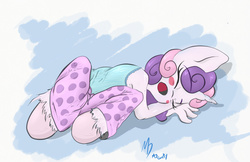 Size: 1265x819 | Tagged: safe, artist:mdgusty, sweetie belle, anthro, unguligrade anthro, g4, clothes, cute, female, open mouth, pajamas, sleeping, solo, unshorn fetlocks