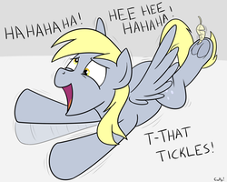 Size: 1440x1154 | Tagged: safe, artist:rapidstrike, derpy hooves, pegasus, pony, g4, dialogue, feather, female, hoof tickling, laughing, mare, prone, solo, spread wings, tickling, underhoof