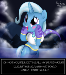 Size: 1600x1800 | Tagged: safe, artist:tina-de-love, trixie, pony, unicorn, g4, bipedal, blushing, cute, diatrixes, female, happy, hind legs, midriff, papyrus (undertale), parody, solo, the great and powerful papyrus, top, undertale