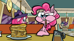 Size: 1890x1063 | Tagged: safe, artist:joeywaggoner, lucky breaks, pinkie pie, the clone that got away, g4, the saddle row review, clone, diane, diner, food, glasses, messy eating, pancakes, pinkie clone, scene interpretation