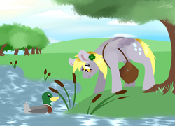 Size: 1280x920 | Tagged: safe, artist:fatcakes, derpy hooves, duck, mallard, pegasus, pony, g4, cattails, female, mailbag, male, mare, reeds, river, solo, tree