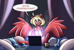 Size: 1280x866 | Tagged: safe, artist:da3rd, oc, oc only, oc:gabriel titanfeather, pegasus, pony, angry, bed, computer, glare, laptop computer, no u, open mouth, overheated, pillow, sitting, solo, spread wings