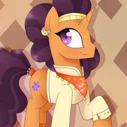 Size: 1000x1000 | Tagged: dead source, safe, artist:ultrard, saffron masala, pony, unicorn, g4, spice up your life, bandana, chef, clothes, colored pupils, ear piercing, female, indian, indian pony, piercing, raised hoof, solo