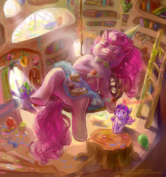 Size: 1500x1600 | Tagged: safe, artist:arainmorn, pinkie pie, spike, twilight sparkle, pony, g4, after party, anatomically incorrect, balloon, bowtie, chandelier, confetti, golden oaks library, hat, incorrect leg anatomy, ladder, library, magic, messy, party hat, sleeping, streamers, string, vertigo