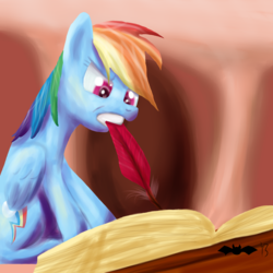 Size: 1000x1000 | Tagged: safe, artist:batsofchaos, rainbow dash, pony, g4, book, female, mouth hold, quill, sitting, solo, struggling, writing