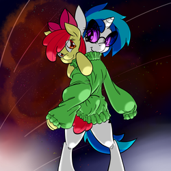 Size: 1000x1000 | Tagged: safe, artist:graphic-lee, apple bloom, dj pon-3, vinyl scratch, earth pony, pony, unicorn, g4, bipedal, clothes, crack shipping, duo, female, lesbian, shared clothing, shipping, sweater, vinylbloom